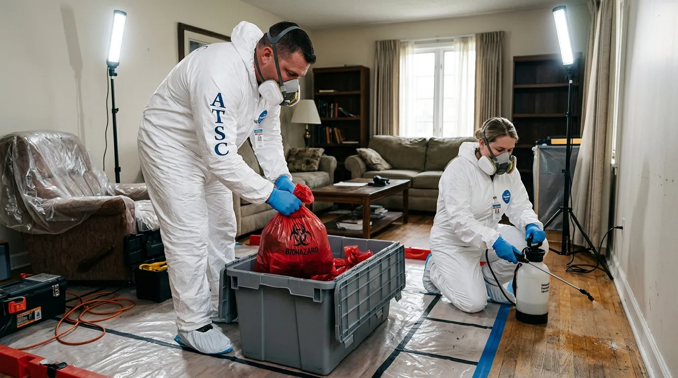 Professional Biohazard Cleanup technician in full PPE working in Shrewsbury